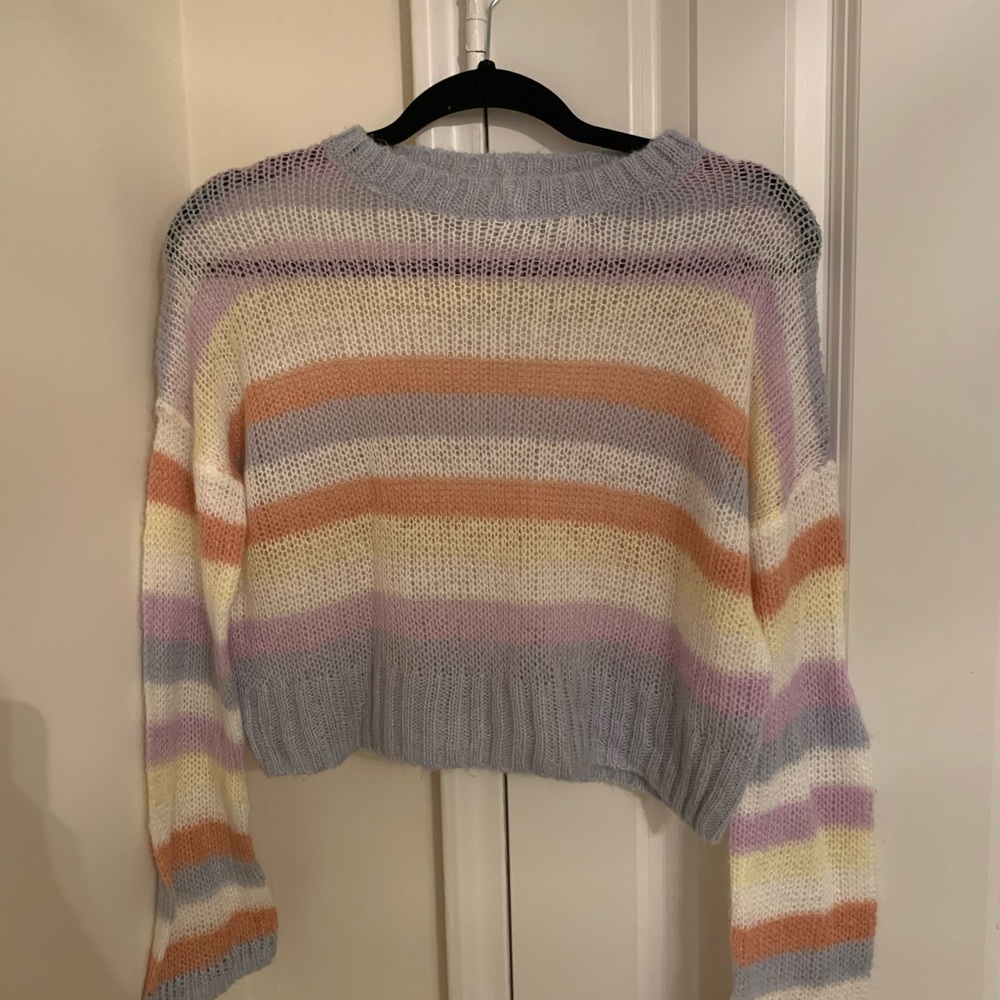 Women's Striped Cropped Crewneck Pullover Sweater - Picture 3 of 6